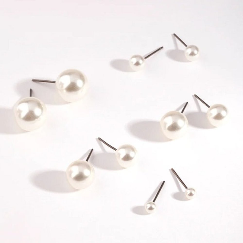 LOVISA 5pc LOT/SET Rhodium Graduated Pearl Stud Earrings**NEW!